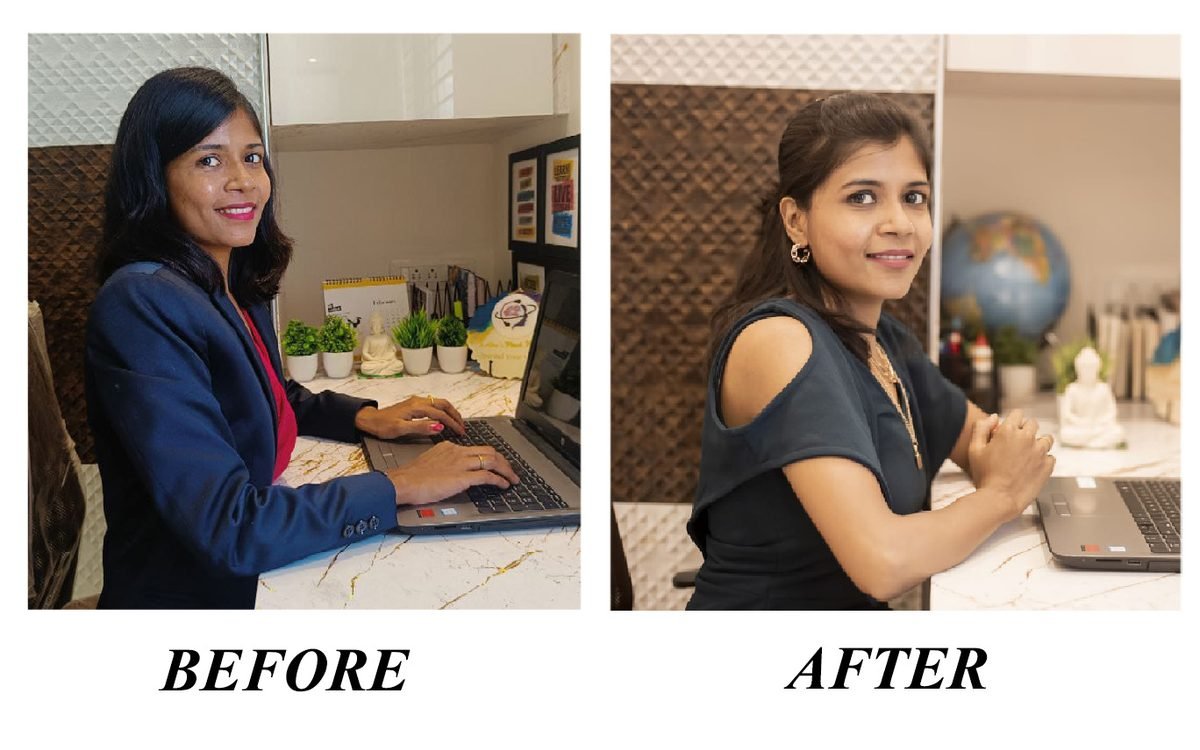 Latha Tater before and after at her desk